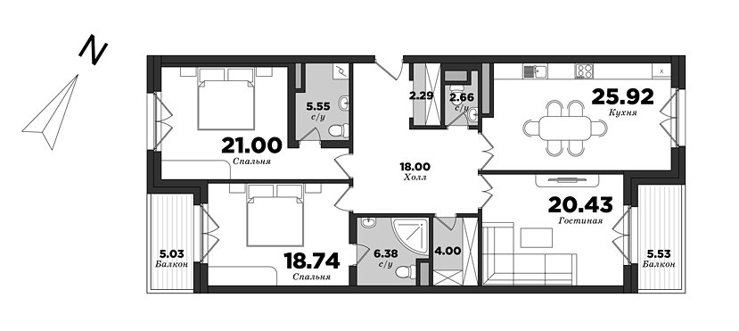 Krestovskiy De Luxe, Building 8, 3 bedrooms, 130.25 m² | planning of elite apartments in St. Petersburg | М16